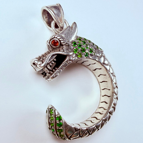 Dragon Legends Naga Emeralds & Garnet Eyes Sterling Silver 925 Pendant Necklace - Picture 1 of 10